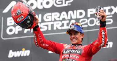 Ducati Lenovo Team's Marc Marquez celebrates on the podium after winning the Austrian MotoGP, Spielberg, Austria, Aug. 17, 2025. (Reuters Photo)