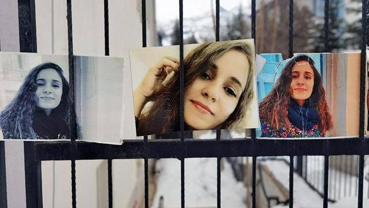 Photos of Gülistan Doku are displayed during a protest, Tunceli, Türkiye, April 14, 2026. (DHA Photo)