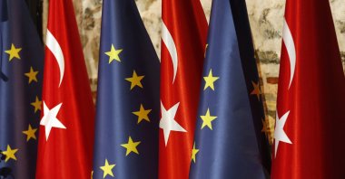 Türkiye's and European flags prior to the opening session of a high-level meeting between EU and Türkiye, in Istanbul, Thursday, Feb. 28, 2019. (AP File Photo)