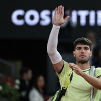 Spain's Carlos Alcaraz gestures after losing against Russia's Andrey Rublev during the 2024 ATP Tour Madrid Open tournament quarter-final tennis match at Caja Magica, Madrid, Spain, May 1, 2024. (AFP Photo)